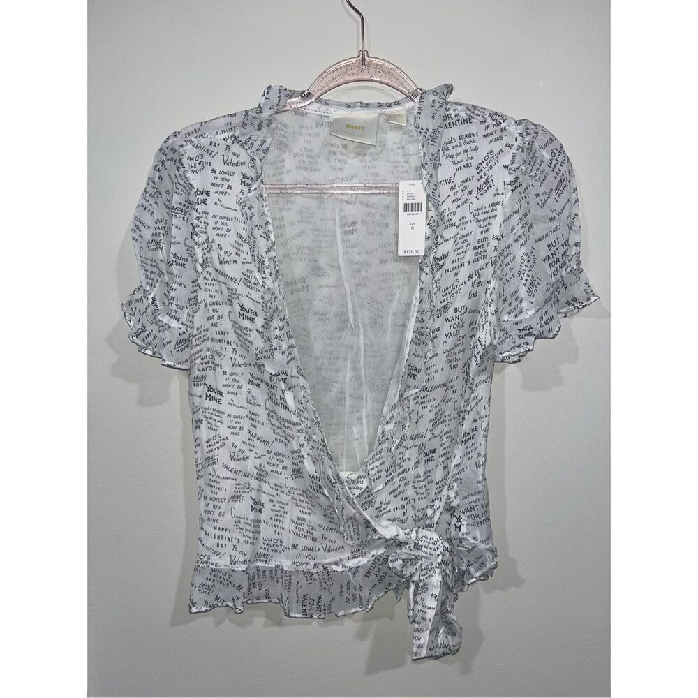 NWT Maeve by Anthropologie Love Script Wrap Top Valentines White Short Sleeve Bl